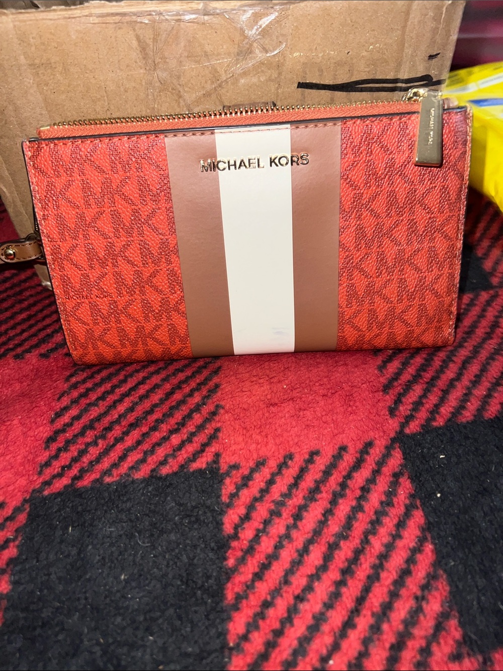 Michael Kors Orange Monogram Stripe Zip Wristlet